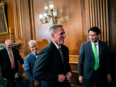 House Speaker Kevin McCarthy departs with Reps. Patrick McHenry and Garret Graves after a press conference following the House's passage of the Fiscal Responsibility Act, raising the debt ceiling on Capitol Hill on Wednesday, May 31, 2023, in Washington, D.C.