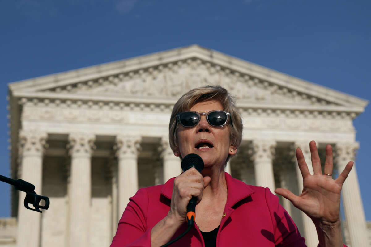 Sen. Elizabeth Warren speaks during a rally in front of the U.S. Supreme Court on May 3, 2022, in Washington, D.C.