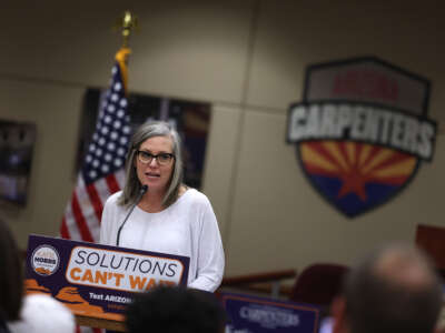 Katie Hobbs speaks at a campaign event at the Carpenters Local Union 1912 headquarters on November 5, 2022, in Phoenix, Arizona.