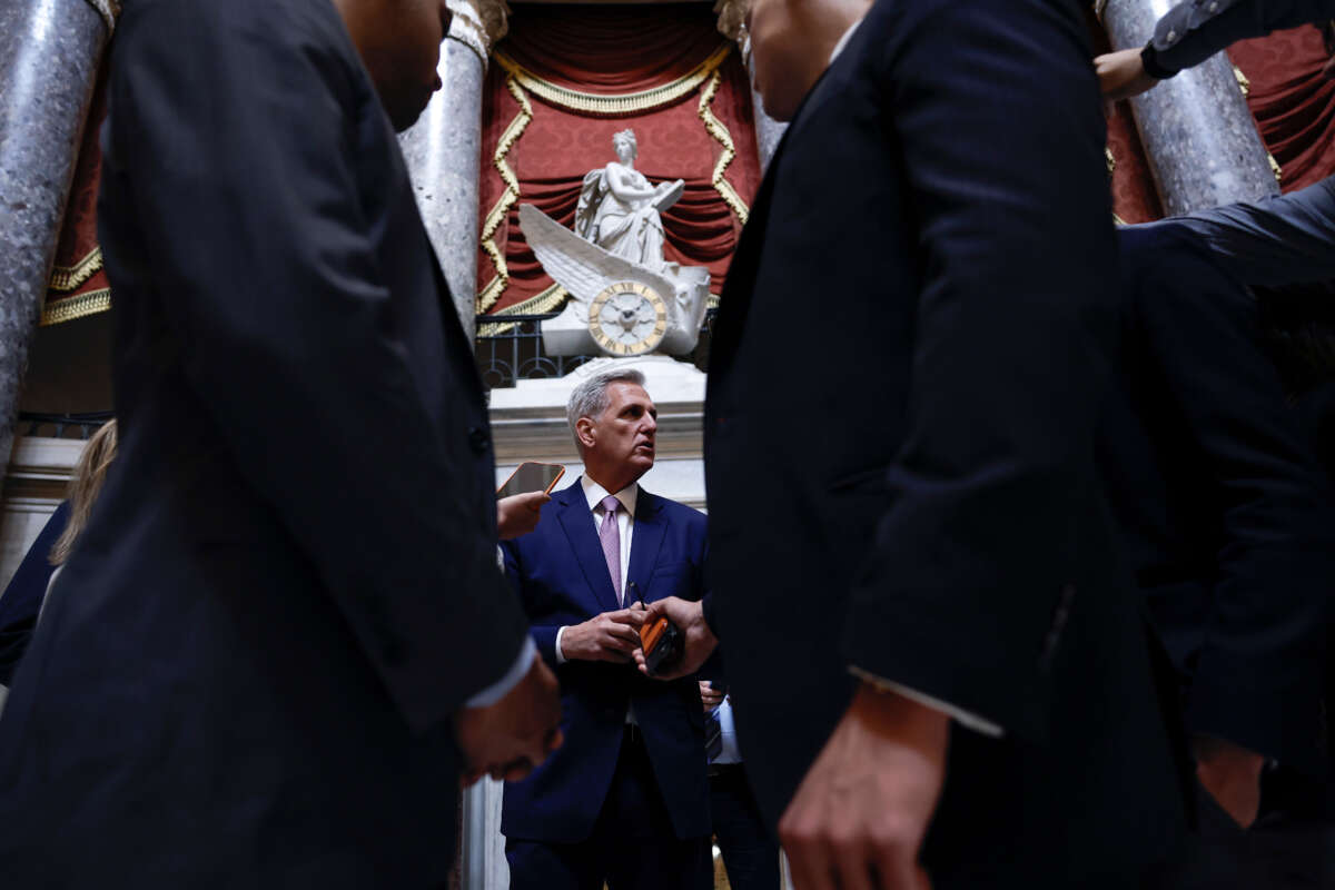 House Speaker Kevin McCarthy speaks to reporters as he walks to the floor of the House Chambers at the U.S. Capitol Building on June 6, 2023, in Washington, D.C.