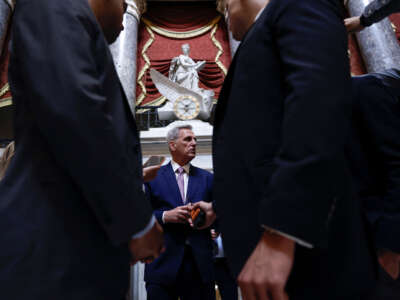 House Speaker Kevin McCarthy speaks to reporters as he walks to the floor of the House Chambers at the U.S. Capitol Building on June 6, 2023, in Washington, D.C.