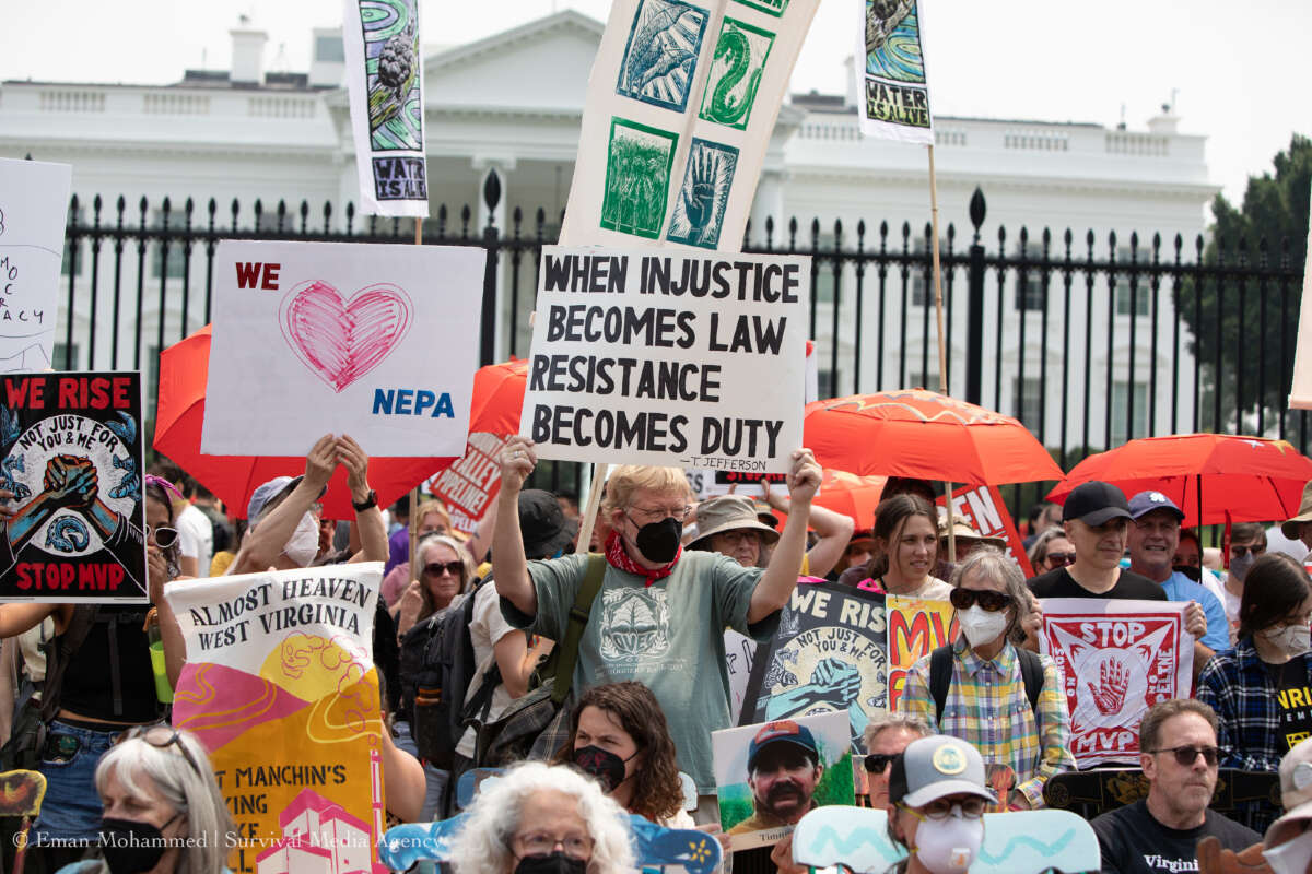 Hundreds of frontline and Appalachian climate activists rally against President Biden's endorsement of the Mountain Valley Pipeline on June 8, 2023.