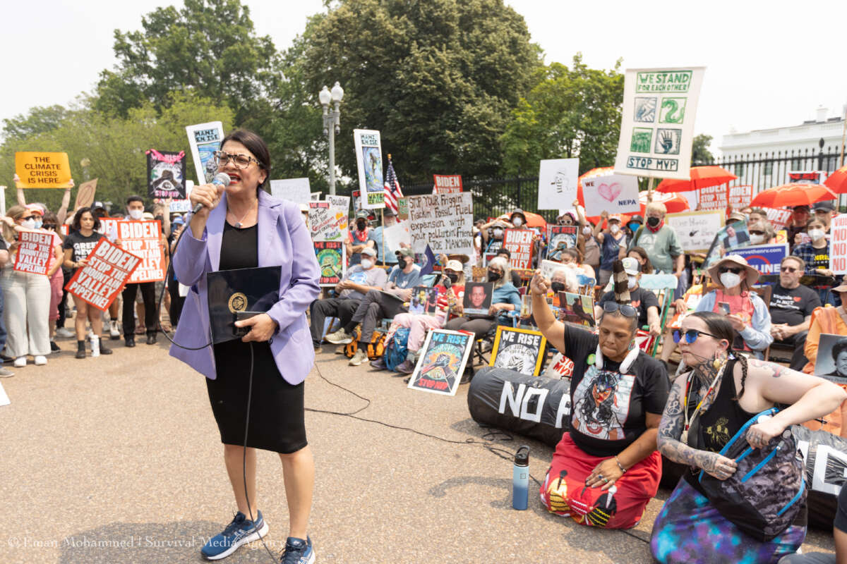 Rep. Rashida Tlaib speaks to protesters at the demonstration in front of the White House. Hundreds of frontline and Appalachian climate activists rally against President Biden's endorsement of the Mountain Valley Pipeline on June 8, 2023.