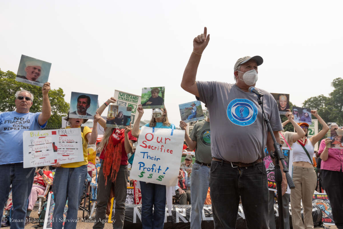 Hundreds of frontline and Appalachian climate activists rally against President Biden's endorsement of the Mountain Valley Pipeline on June 8, 2023.
