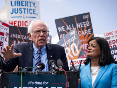 Sen. Bernie Sanders speaks alongside Rep. Pramila Jayapal during a news conference outside the U.S. Capitol on May 17, 2023, in Washington, D.C.