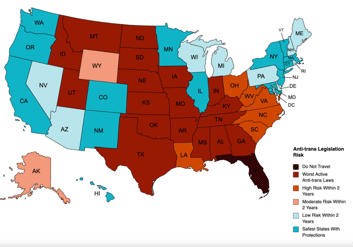 Map of state legislative risk for anti-trans laws.