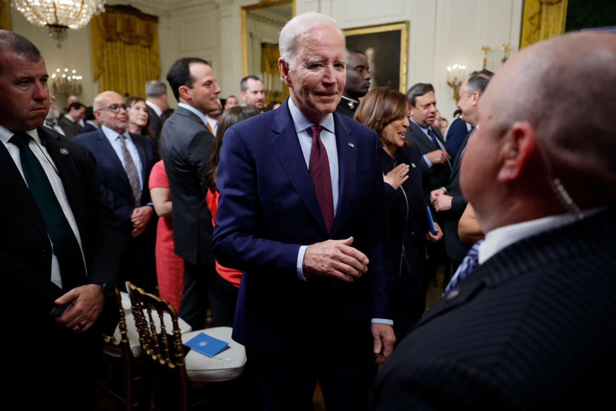 President Joe Biden departs a celebration marking Jewish American Heritage Month in the East Room of the White House on May 16, 2023, in Washington, D.C. The event focused on the Biden Administration's efforts to combat rising antisemitism.