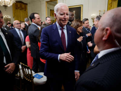 President Joe Biden departs a celebration marking Jewish American Heritage Month in the East Room of the White House on May 16, 2023, in Washington, D.C. The event focused on the Biden Administration's efforts to combat rising antisemitism.