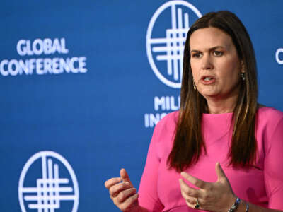 Arkansas Governor Sarah Huckabee Sanders speaks during the Milken Institute Global Conference in Beverly Hills, California, on May 2, 2023.