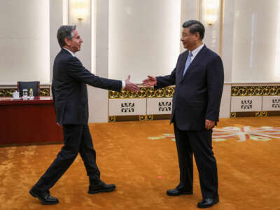 U.S. Secretary of State Antony Blinken (left) shakes hands with China's President Xi Jinping in the Great Hall of the People in Beijing on June 19, 2023.