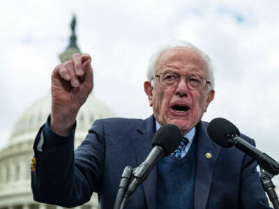 Sen. Bernie Sanders speaks during a news conference with labor leaders to make an announcement on the federal minimum wage, on Capitol Hill in Washington, D.C., on May 4, 2023.