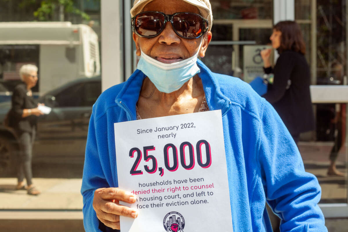 Protesters rally for the right to counsel on May 31, 2023, in front of Brooklyn Housing Court, Brooklyn, New York.