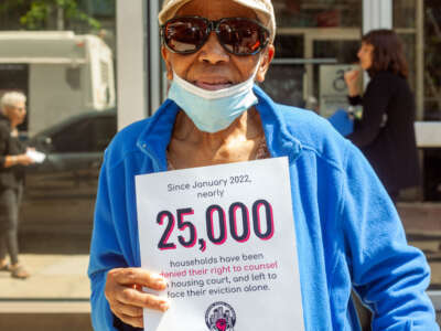Protesters rally for the right to counsel on May 31, 2023, in front of Brooklyn Housing Court, Brooklyn, New York.