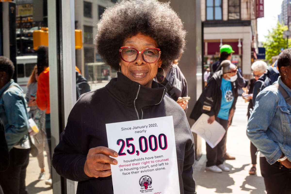 Members of the Mom-led community organization Flatbush tenants Coalition advocate for courts to uphold the Right to Counsel on May 31, 2023.