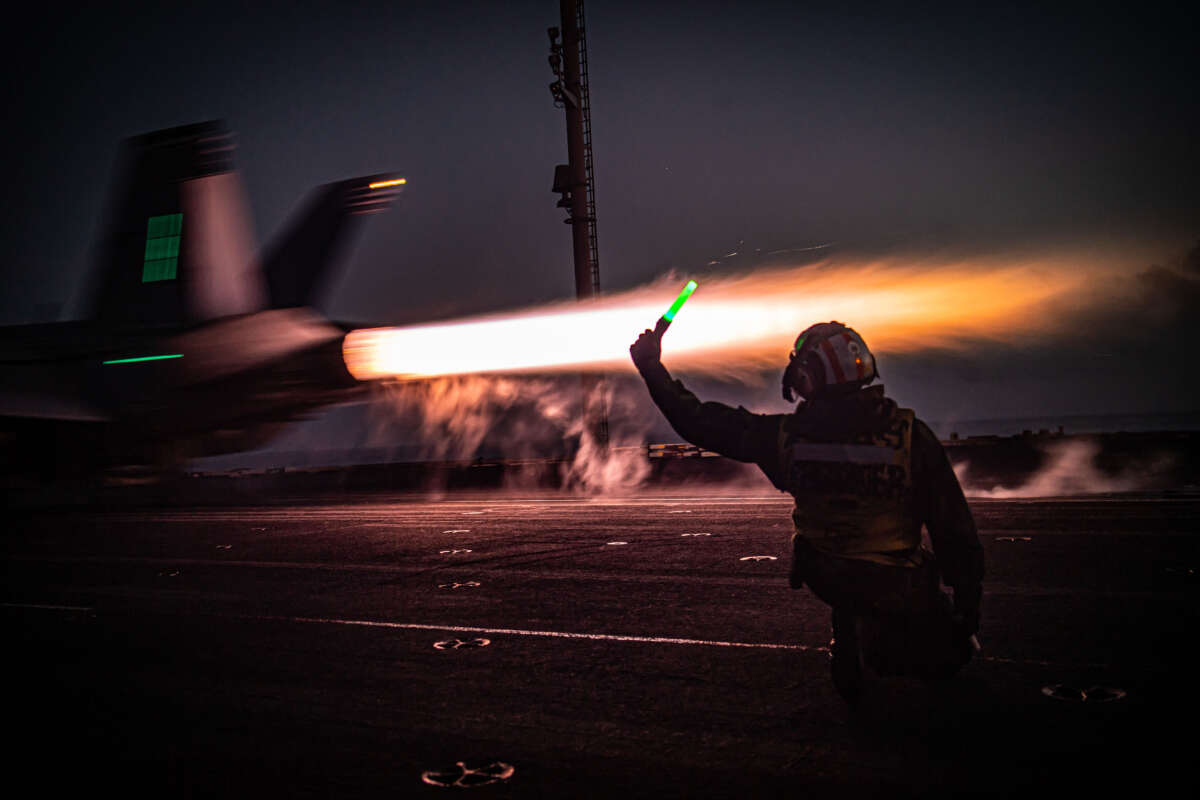 An F/A-18F Super Hornet launches off the aircraft carrier USS Nimitz during routine operations in the Philippine Sea, on April 8, 2023.