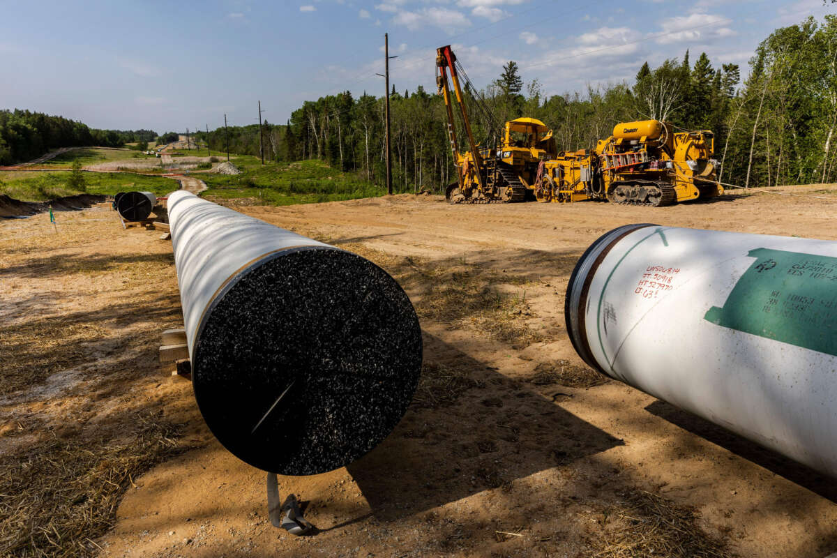 Sections of the Enbridge Line 3 pipeline are seen on the construction site in Park Rapids, Minnesota, on June 6, 2021.