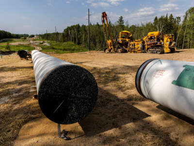 Sections of the Enbridge Line 3 pipeline are seen on the construction site in Park Rapids, Minnesota, on June 6, 2021.