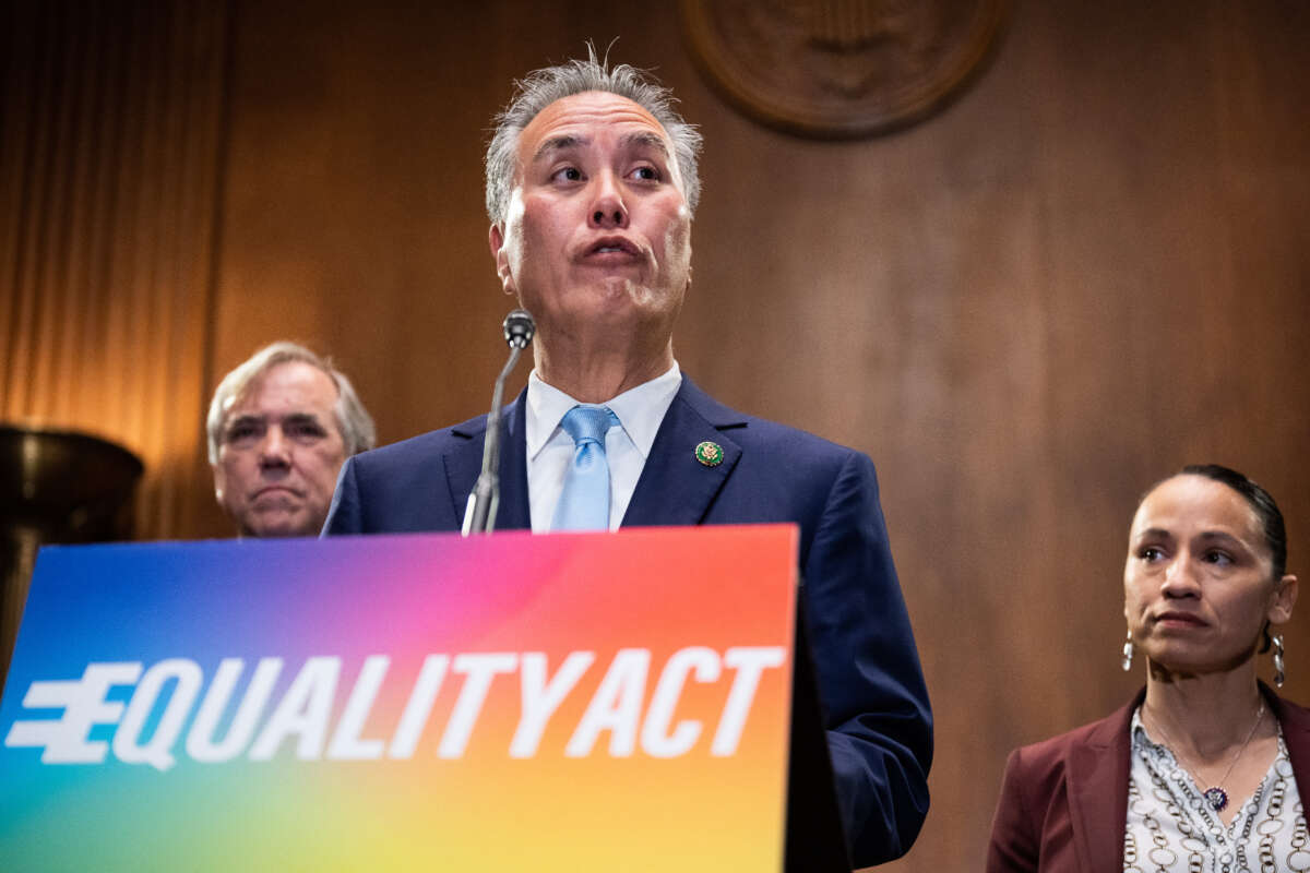 Rep. Mark Takano conducts a news conference to reintroduce the Equality Act in Dirksen Building on June 21, 2023. Sen. Jeff Merkley and Rep. Sharice Davids also appear.
