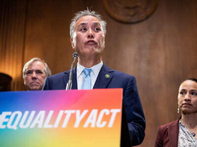 Rep. Mark Takano conducts a news conference to reintroduce the Equality Act in Dirksen Building on June 21, 2023. Sen. Jeff Merkley and Rep. Sharice Davids also appear.