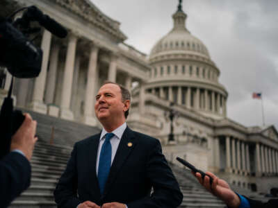 Rep. Adam Schiff gaggles with reporters as he walks down the steps of the House of Representatives at the U.S. Capitol on June 21, 2023, in Washington, D.C.