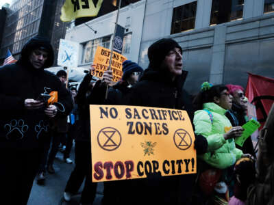 Activists participate in a protest against the proposed Cop City being built in an Atlanta forest on March 9, 2023, in New York City.