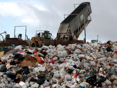 A San Francisco Recology truck drops about 20 tons of trash at the Waste Management landfill in Livermore, California, on December 26, 2012.