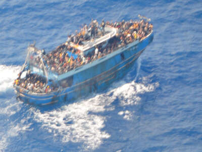 This undated handout image provided by Greece's coast guard appears to show an overcrowded fishing boat that later capsized and sank off southern Greece on June 14, 2023.