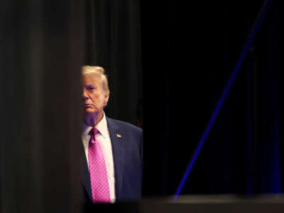 Donald Trump partially obscures himself behind black curtains