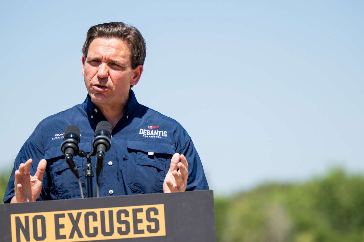 Florida Gov. Ron DeSantis speaks during a press conference on the banks of the Rio Grande on June 26, 2023, in Eagle Pass, Texas.