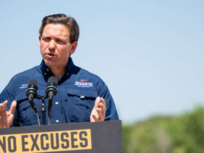 Florida Gov. Ron DeSantis speaks during a press conference on the banks of the Rio Grande on June 26, 2023, in Eagle Pass, Texas.