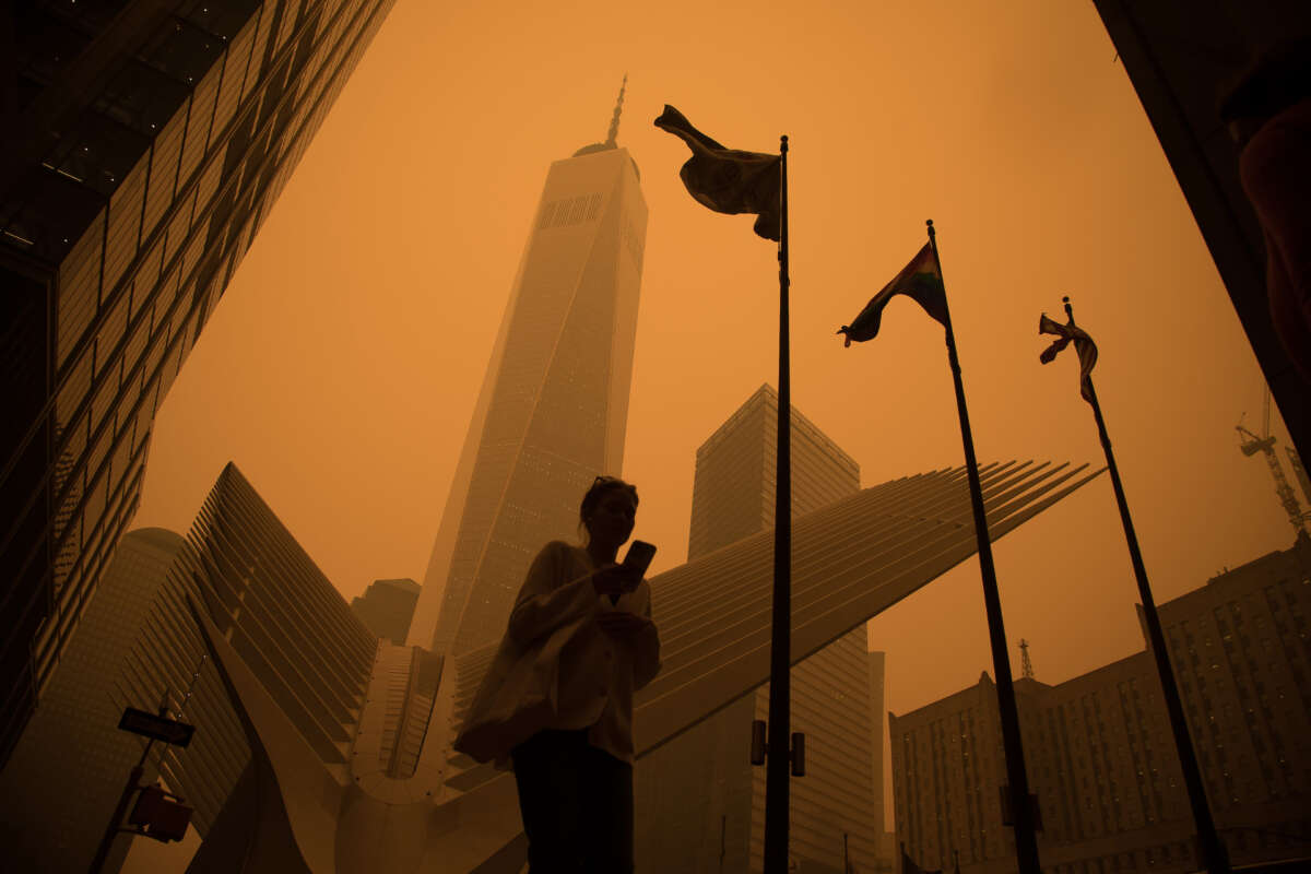 This photo taken on June 7, 2023, shows smoke from wildfires in Canada enshrouding New York City.