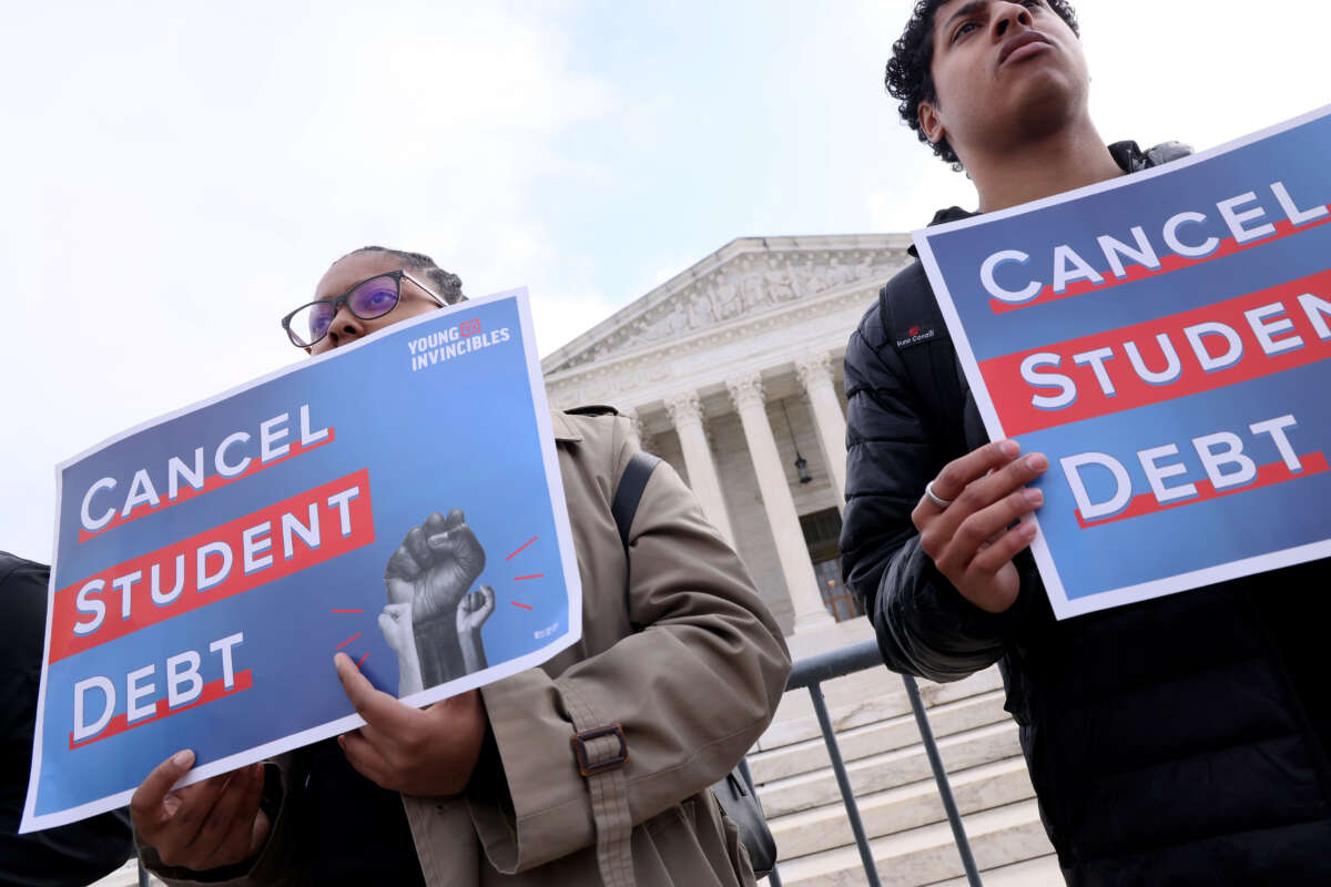 Student loan borrowers and advocates gather for the People's Rally To Cancel Student Debt during the Supreme Court hearings on Student Debt Relief on February 28, 2023, in Washington, D.C.