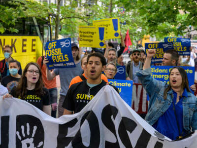 Climate activists demonstrate in Central Park to end all fossil fuels as President Joe Biden is in town for a campaign reception, on May 10, 2023, in New York City.