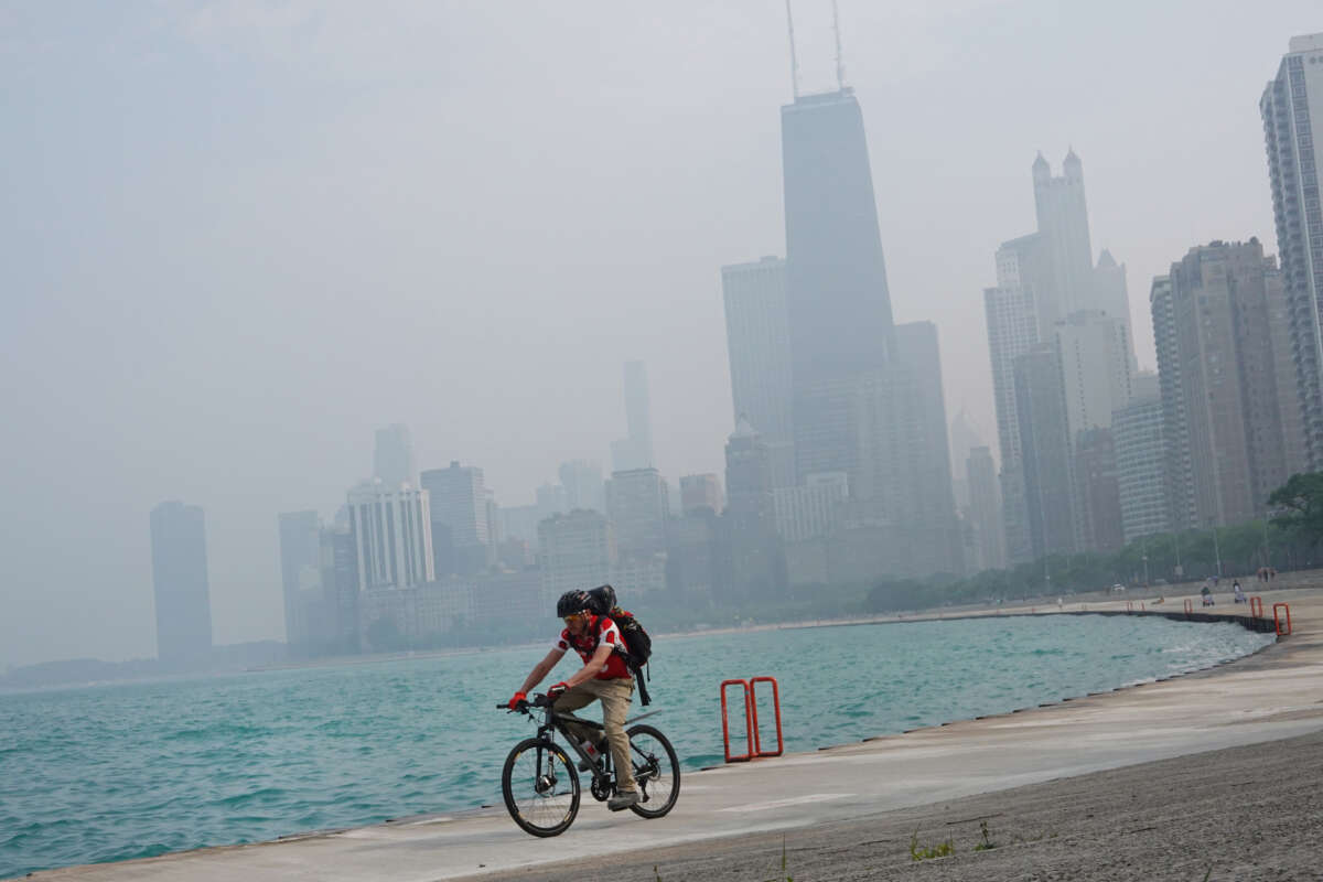 Wildfire smoke clouds the skyline on June 28, 2023, in Chicago, Illinois.