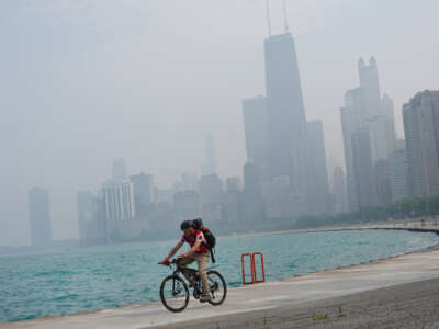 Wildfire smoke clouds the skyline on June 28, 2023, in Chicago, Illinois.