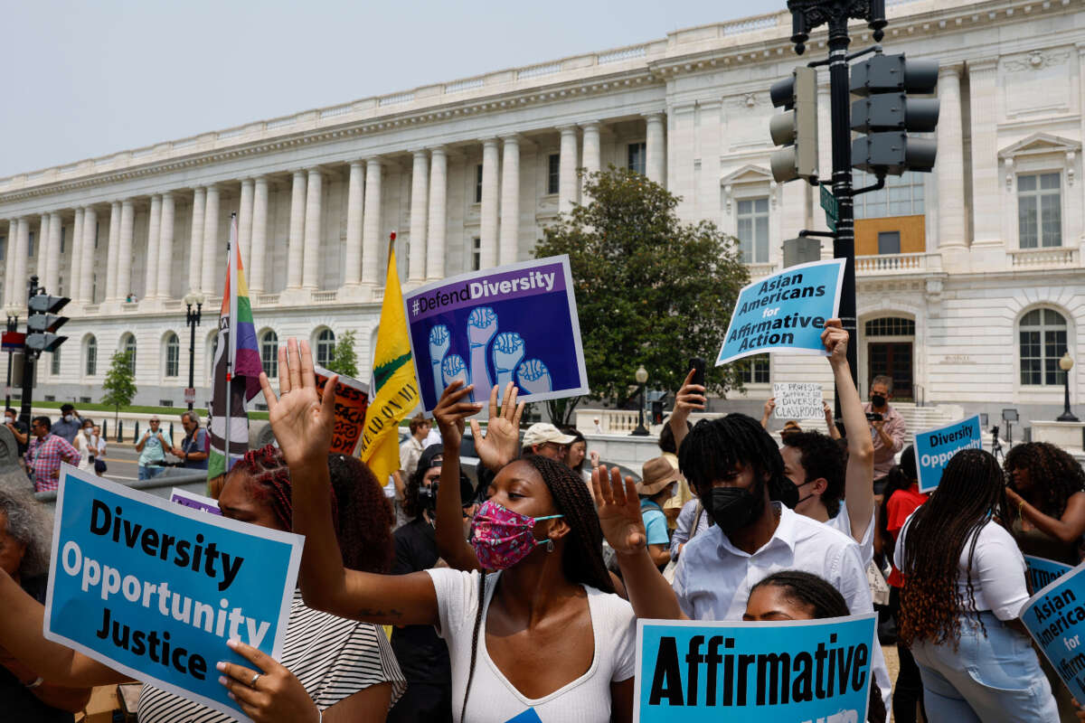 Supporters of affirmative action protest near the U.S. Supreme Court Building on Capitol Hill on June 29, 2023, in Washington, D.C.
