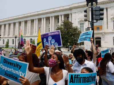 Supporters of affirmative action protest near the U.S. Supreme Court Building on Capitol Hill on June 29, 2023, in Washington, D.C.