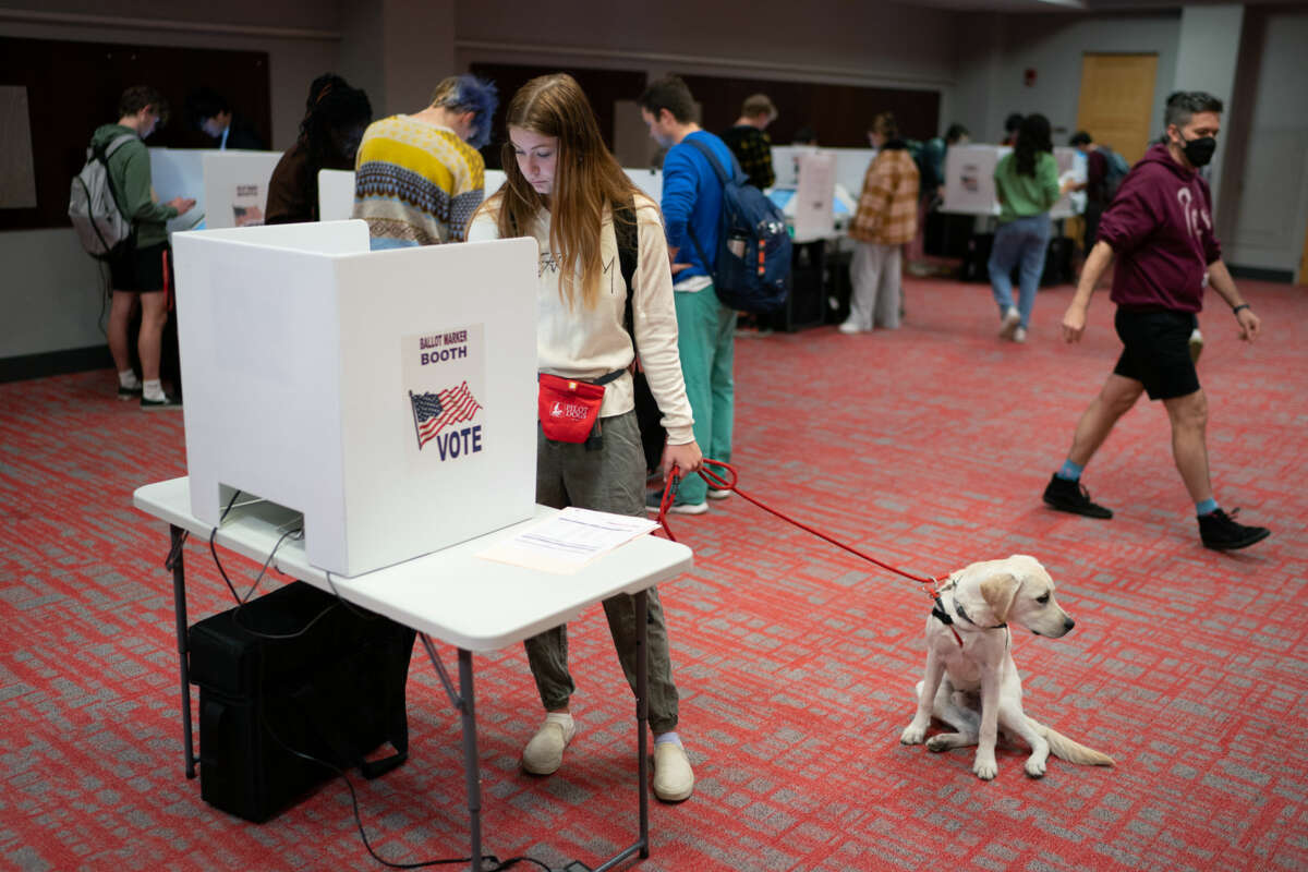 An Ohioan votes with their dog in a room with deep red carpet, surrounded by other people voting at other booths