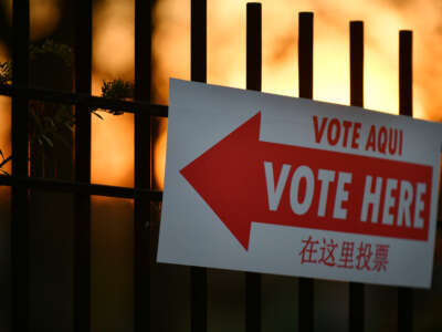 An election sign placed outside the voting center at Riggs LaSalle Recreation Center in Washington, D.C., on November 8, 2022, during midterm election day.