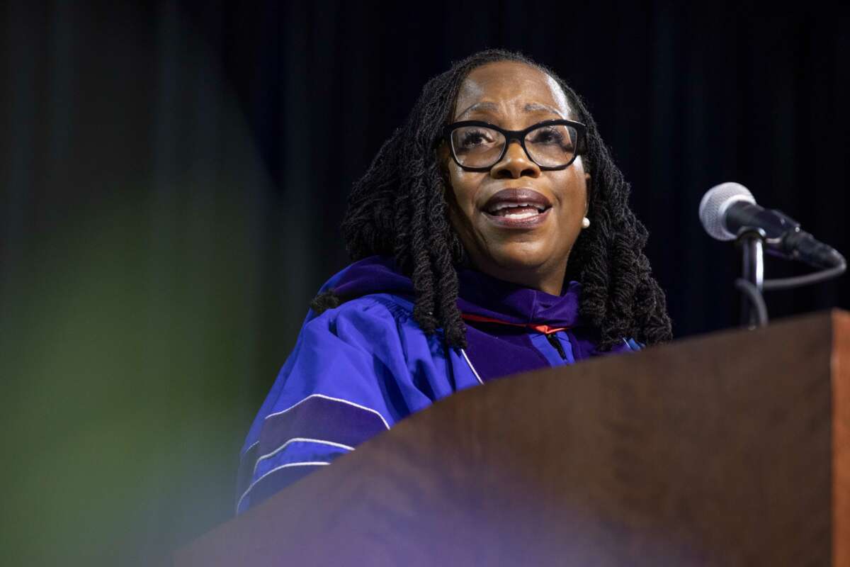 Supreme Court Justice Ketanji Brown Jackson speaks during the graduation ceremony for American University's law school at American University in Washington, D.C. on May 20, 2023.