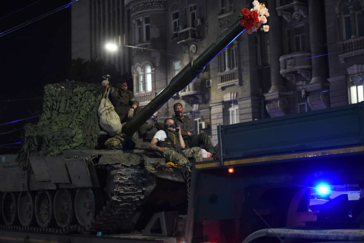 Members of the Wagner Group prepare to depart from the Southern Military District's headquarters and return to their base on June 24, 2023 in Rostov-on-Don, Russia.