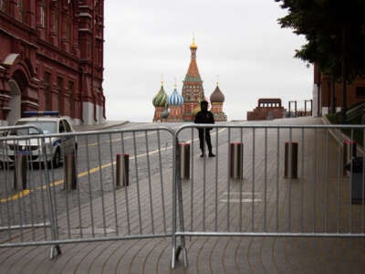 A policeman stands on guard at the closed Red Square in Moscow, Russia, on June 24, 2023.