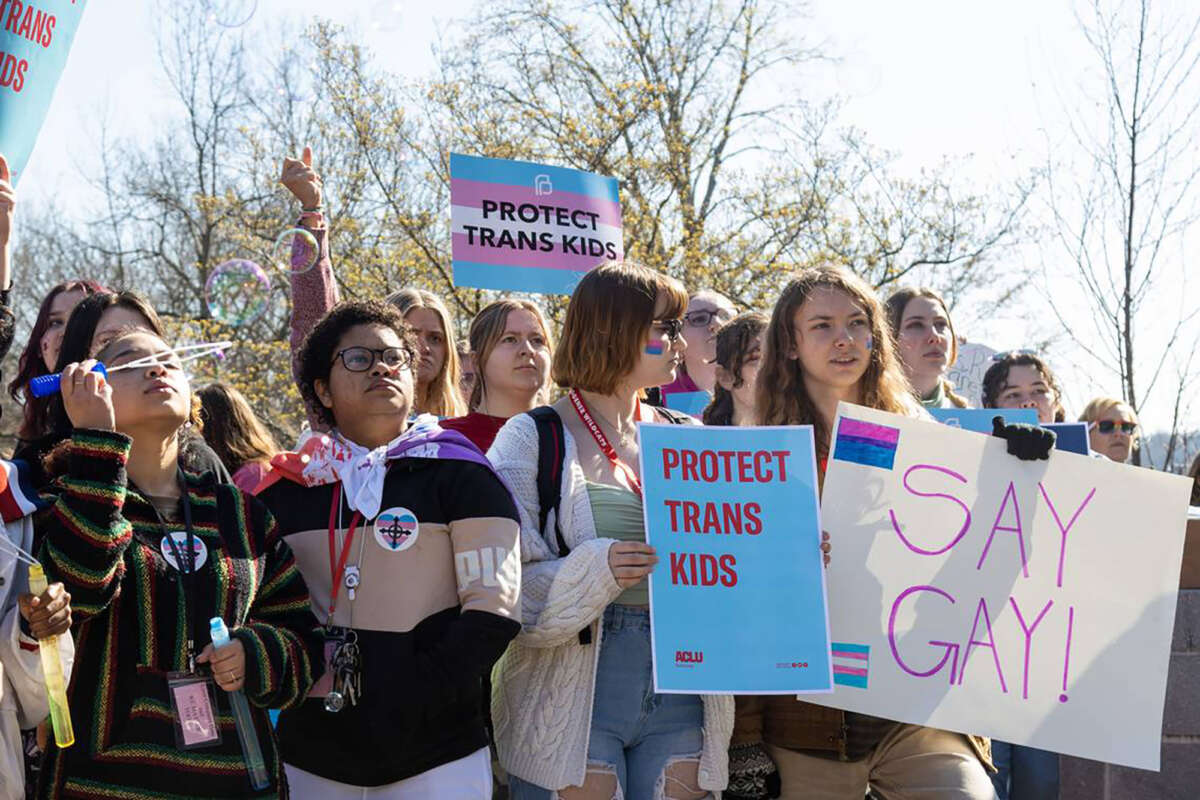 Teens gather in front of the Kentucky Capitol Annex building to protest against SB150, which would ban gender-affirming health care for transgender teens, on March 29, 2023, in Frankfort, Kentucky.