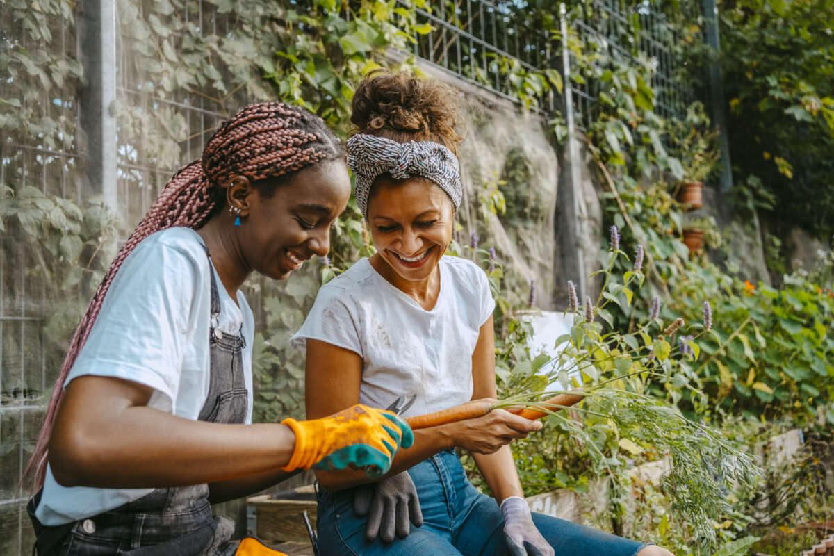 Two Black woman laugh together while gardening