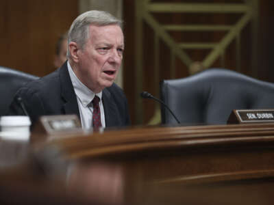Sen. Dick Durbin asks questions during a hearing of the Senate Appropriations Subcommittee on Defense on May 11, 2023, in Washington, D.C.
