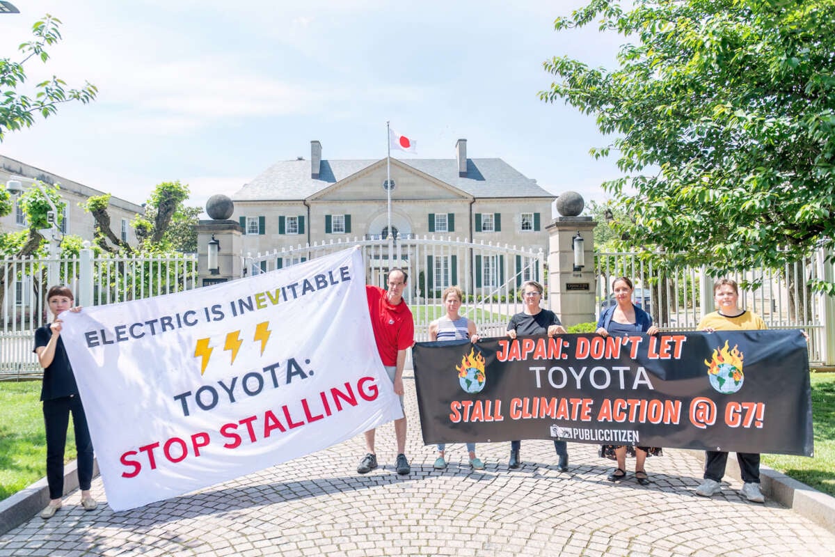 Public Citizen and allies from Mighty Earth and the Sierra Club deliver a parallel petition calling on Japan to stop Toyota from halting climate action at home and across the globe, at the U.S.-Japan Embassy in Washington, D.C.