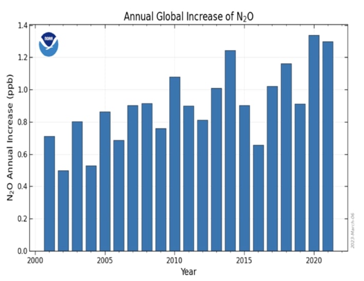 This graph shows trends in global atmospheric nitrous oxide.