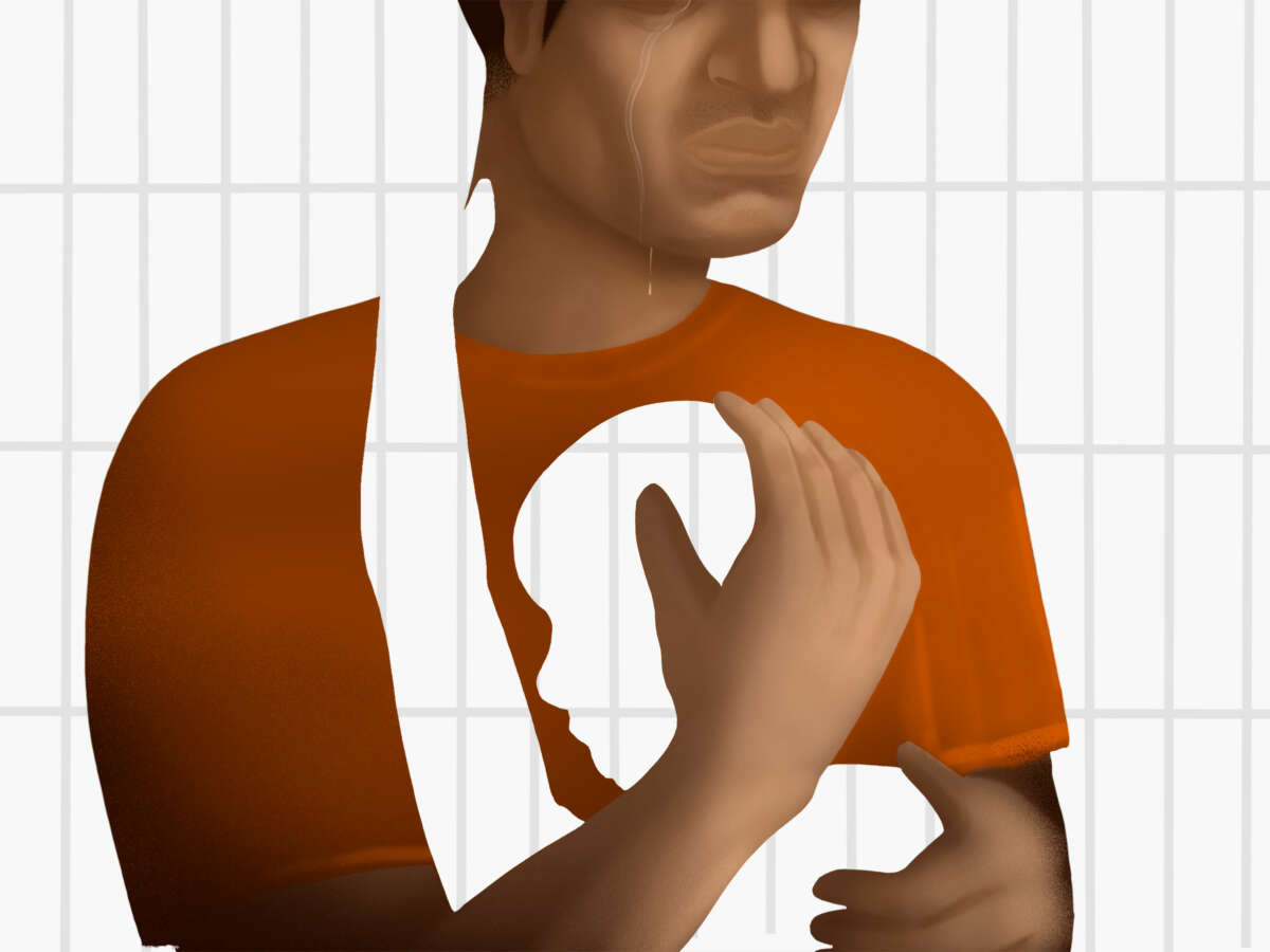 A drawing of a man with brown skin wearing an orange prison jumpsuit against a background of bars hugs the outline of a child, but no one is there
