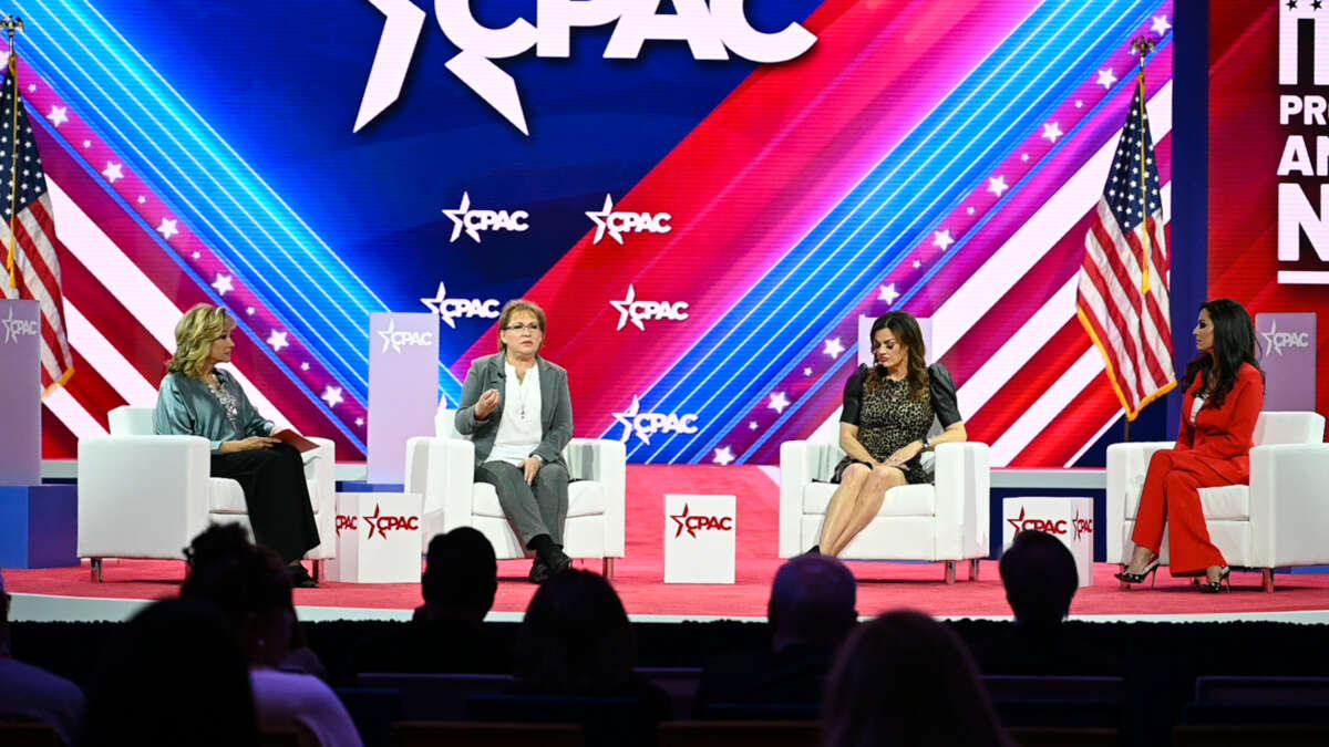 Moms for America Founder and President Kimberly Fletcher (center left) speaks at a Conservative Political Action Conference panel titled "Some Tuff Mutha" in March 2023 alongside anti-abortion activist Abby Johnson (center right), right-wing activist Sandy Rios (far left) and leader of the dark money anti-abortion group Concerned Women for America, Penny Nance (far right).