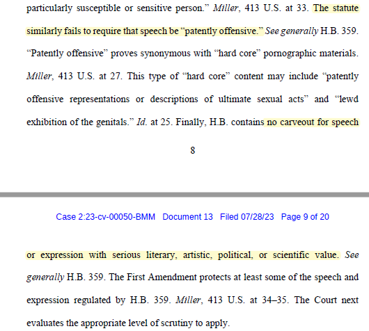 Page 9, Judge points out the lack of applying the Miller test.